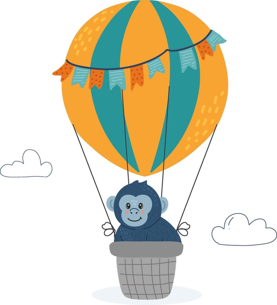Monkey in hot air balloon in hand drawn, doodle style. Suitable for kids travel themes and adventure illustrations. White background with small clouds vector