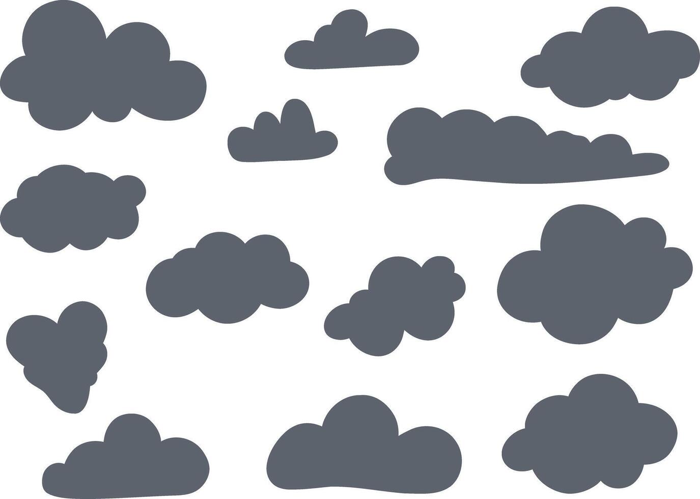 Set of cloud shapes, dark storm clouds in hand drawn, doodle style. Suitable for weather designs, stickers, print and digital decoration. White background. vector