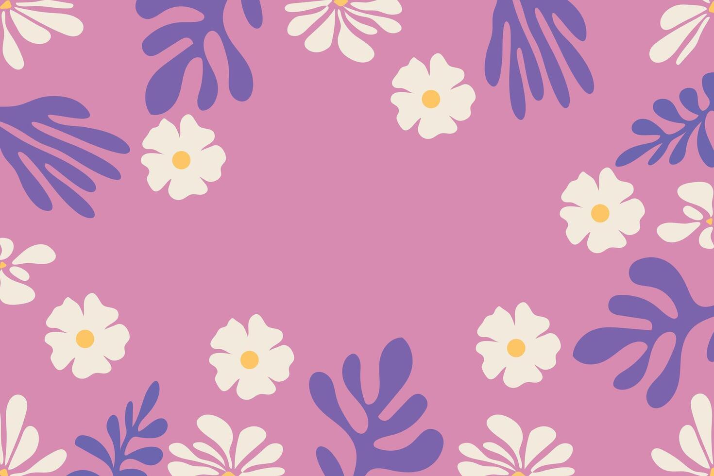 Flat floral background with white flowers and purple leaves on pink backdrop in modern decorative style vector