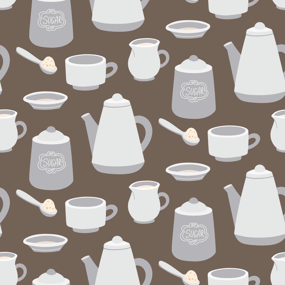 pattern with cooking utensils for tea drinking. Porcelain teapot, mug, saucer, sugar bowl, cream container. The dishes are varied. Retro-style cutlery for liquids. Texture color illustration in gray vector