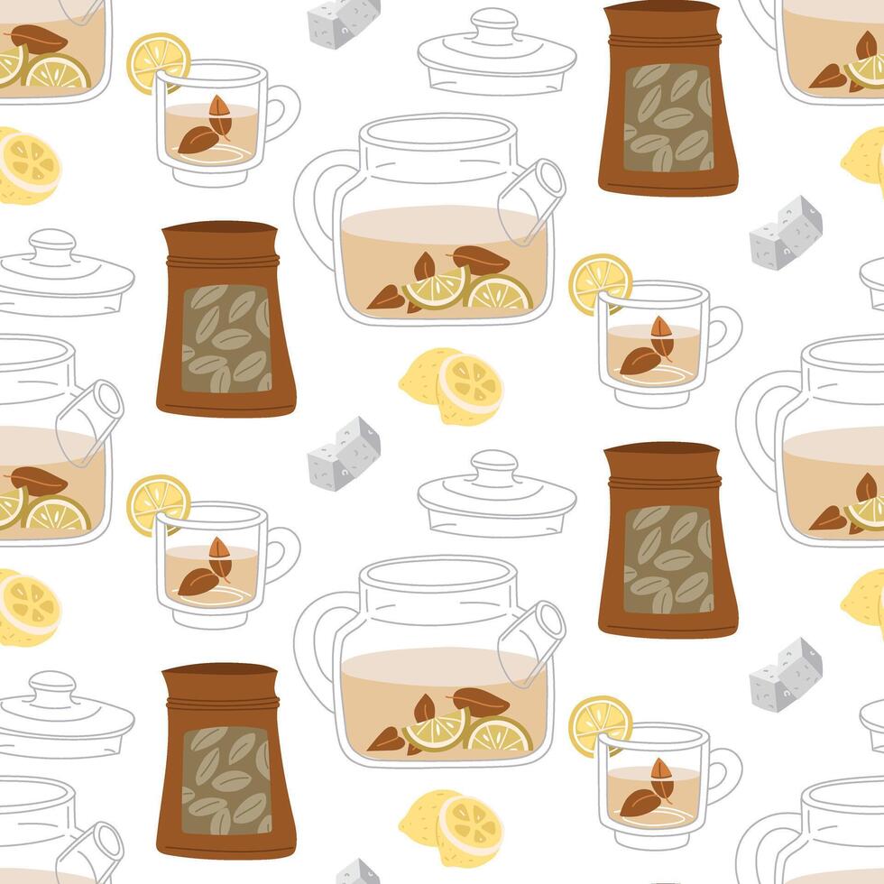 pattern with tea ceremony objects. It's time for a tea party. illustrations of a tea set with a teapot, mug, tea bags, lemon, sugar cubes. Texture for a cozy tea party on a white background vector