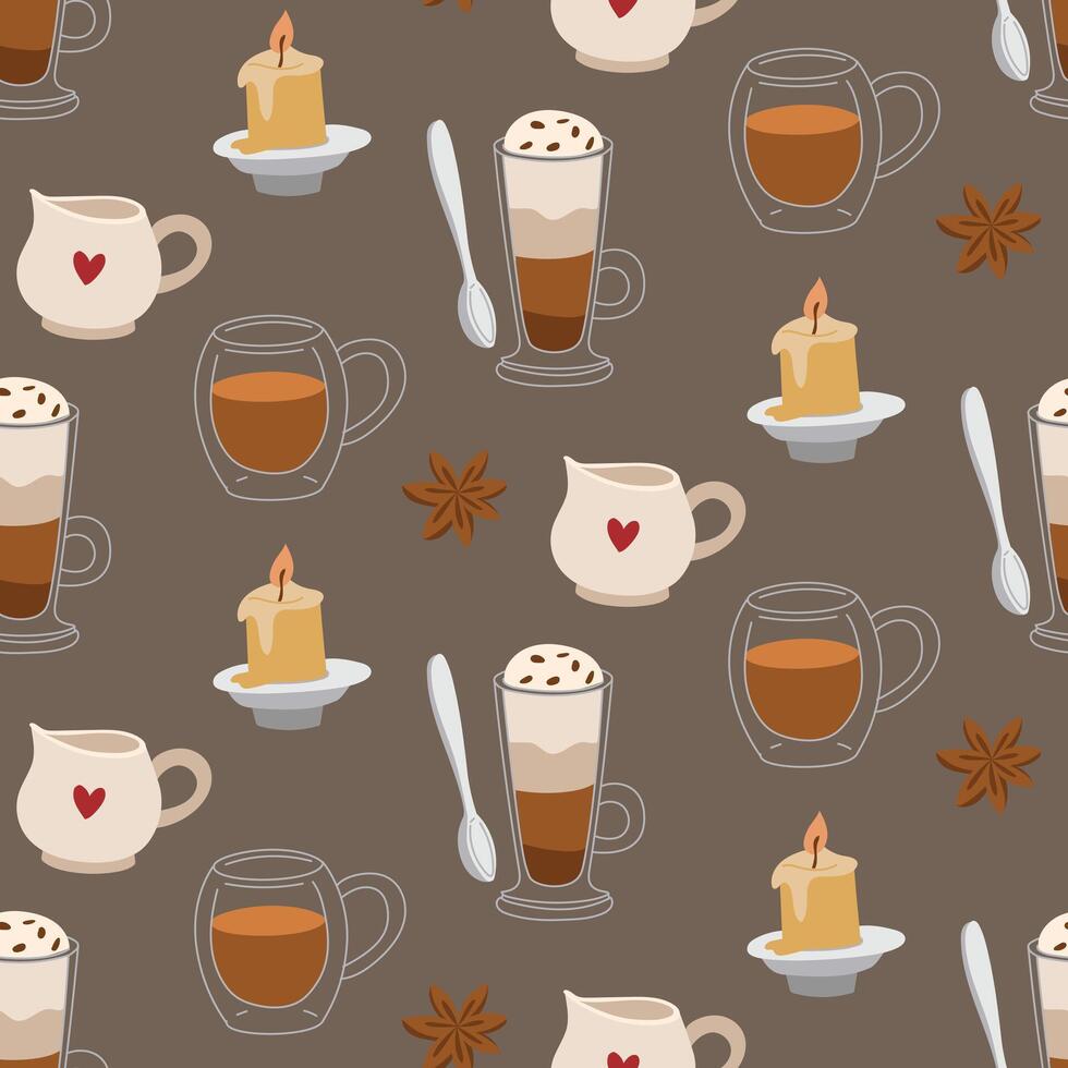 pattern with different cups of coffee drinks. Invigorating coffee, layered coffee drink, star anise, candles, cream. texture for a traditional and cozy pastime. a warm drink. Flat color vector