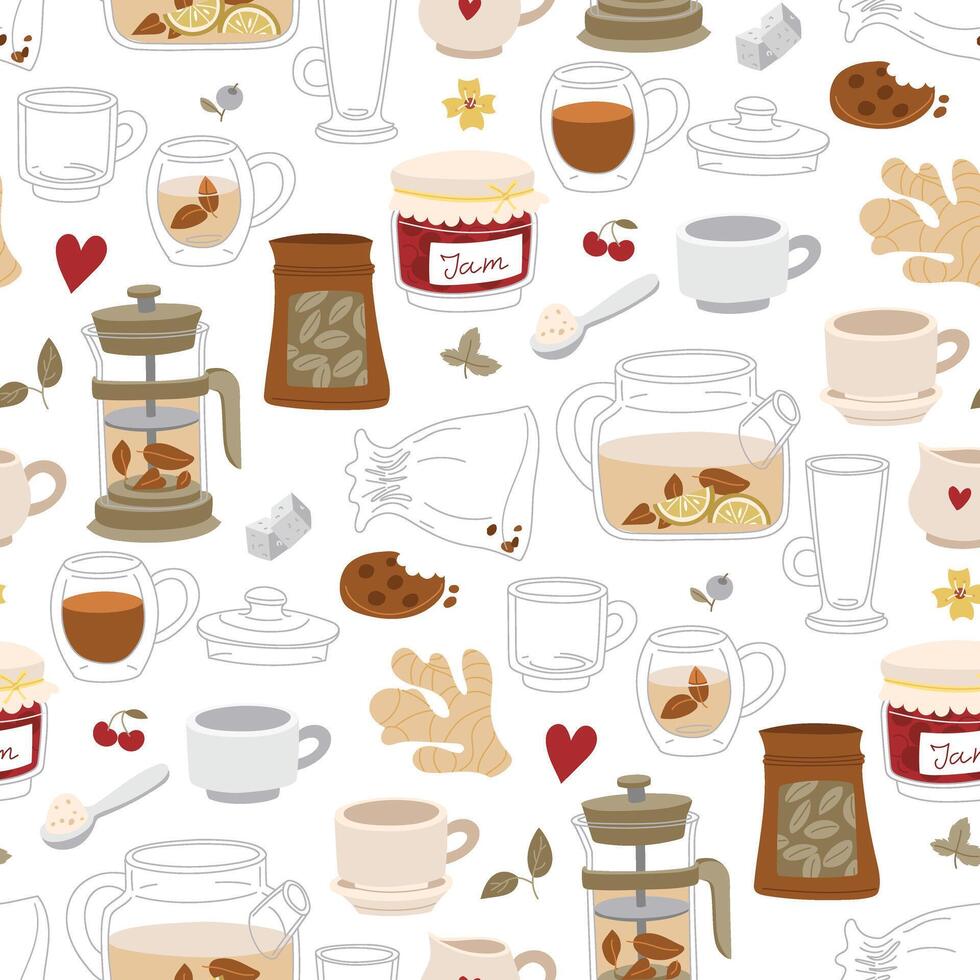 tea party time pattern is colored in the flat doodle style. Teapots, biscuits, jam, ginger, tea set. Ideal for use in tea packaging design, kitchen accessories, cafes, culinary blogs and restaurants. vector