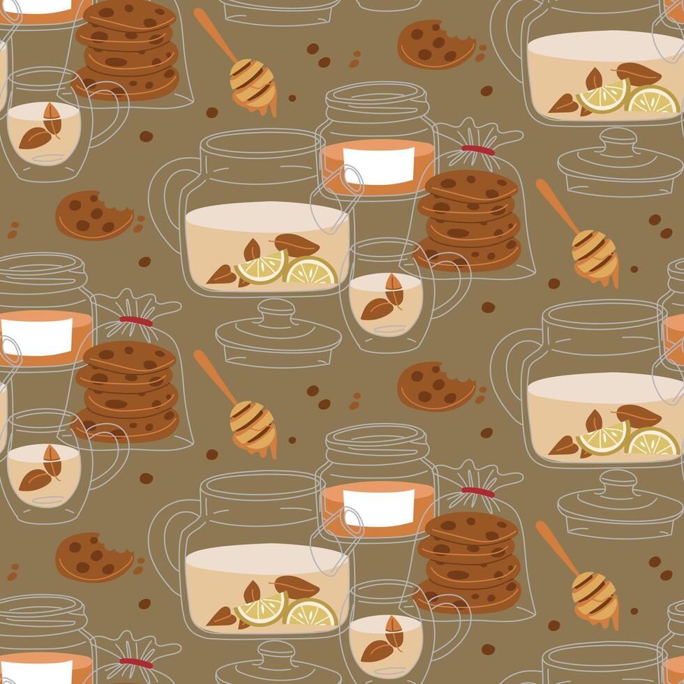 pattern of a group of objects on theme of the tea ceremony. It's time for a tea party. illustrations of a tea set with a teapot, mug, package of oatmeal cookies, honey on a dark. cozy tea party vector
