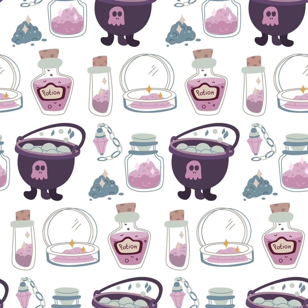 The potion-making pattern. pollen, jar, magic sand, tools in the style of magic doodles. A color tablet. Texture for fantasy projects, books, games, and artwork related to magic and mystical rituals vector