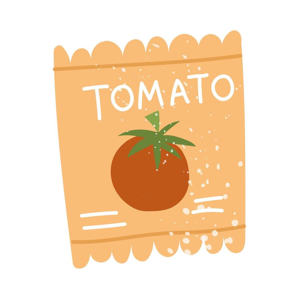 packet of tomato seeds. flat doodle with a texture. It is suitable for packaging, posters, stickers, decoration of garden products, blogs and flower shops. Spring, planting in the soil. closed package vector
