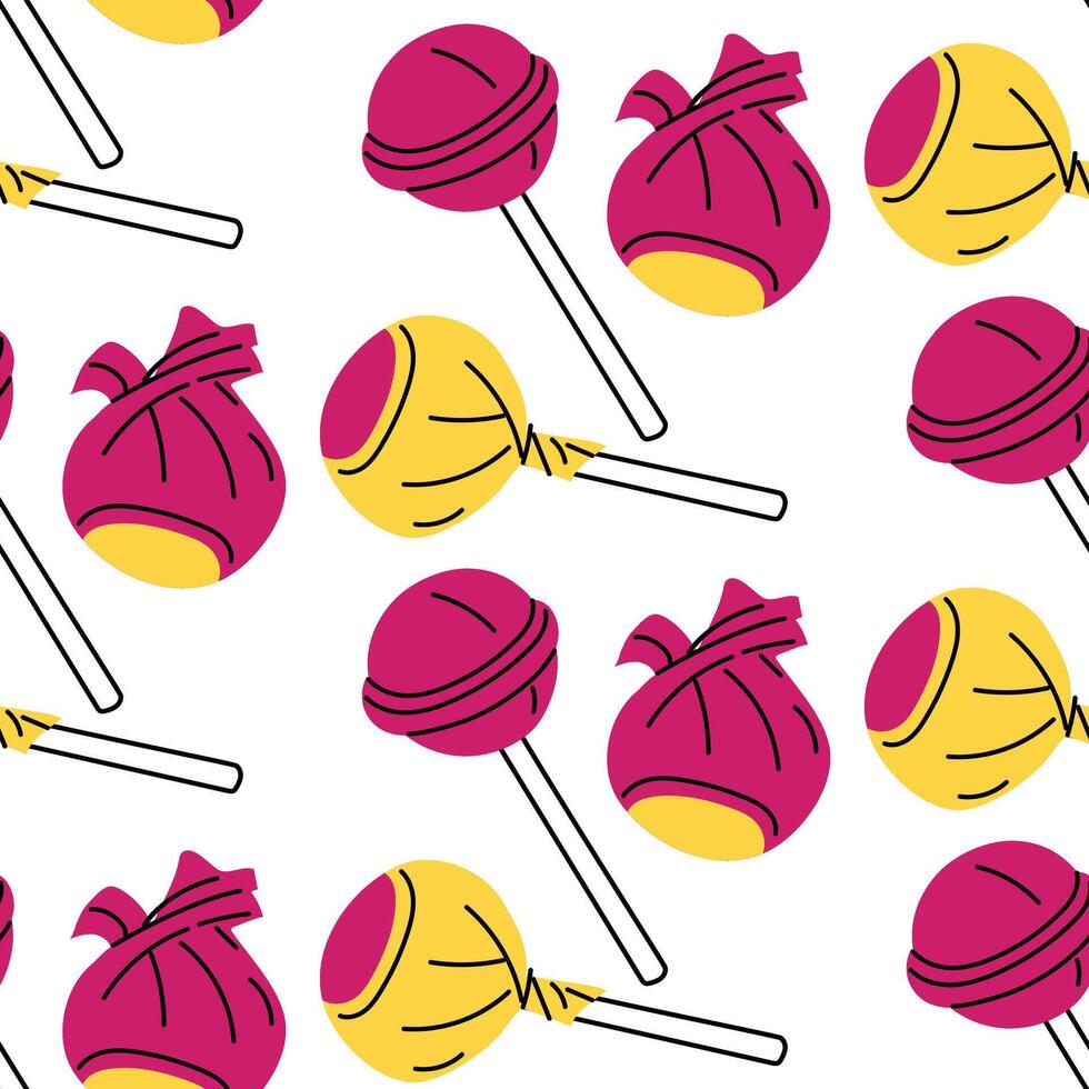 Pink chupa chups pattern, lollipop. Flat color texture, candy on sticks. Candies in and without packaging. Open and closed. illustration. Bright yellow, pink. Sweets of the 90s, 2000s. Retro vector
