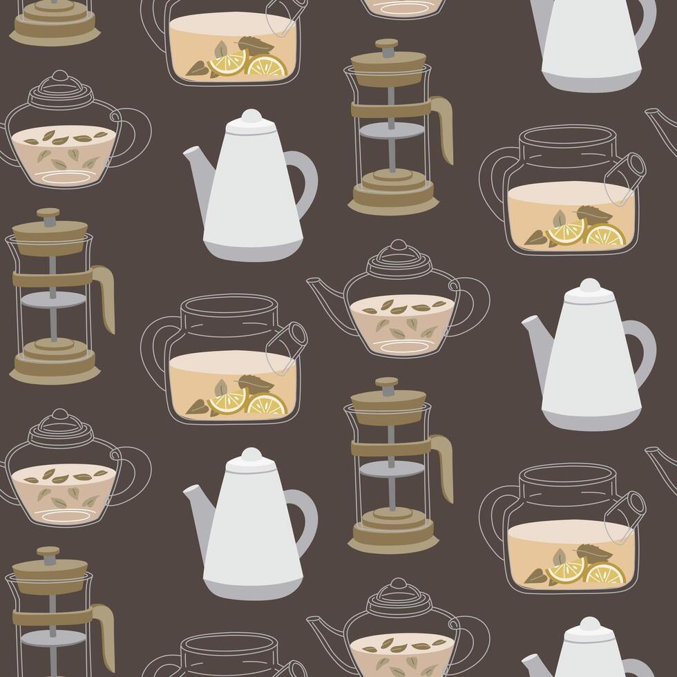 pattern with various glass teapots. Glass, porcelain, transparent teapot for brewing. a kettle for brewing tea at any time. a kettle for a traditional cozy tea party. Flat color texture on gray vector