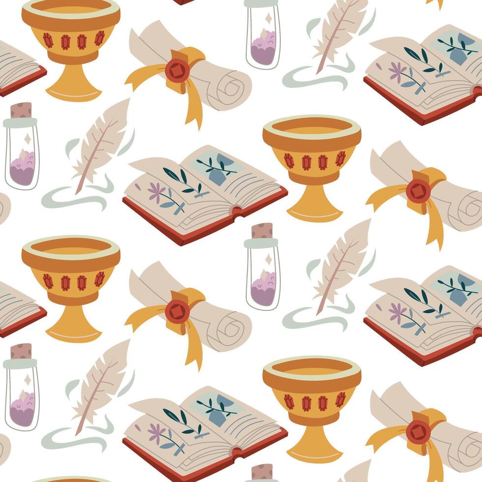 magic items pattern. Book, bowl, roll, pen, magic pollen in colored flat style. Suitable for the texture of fantasy projects, books, games, and works art related magic, alchemy, mystical rituals vector