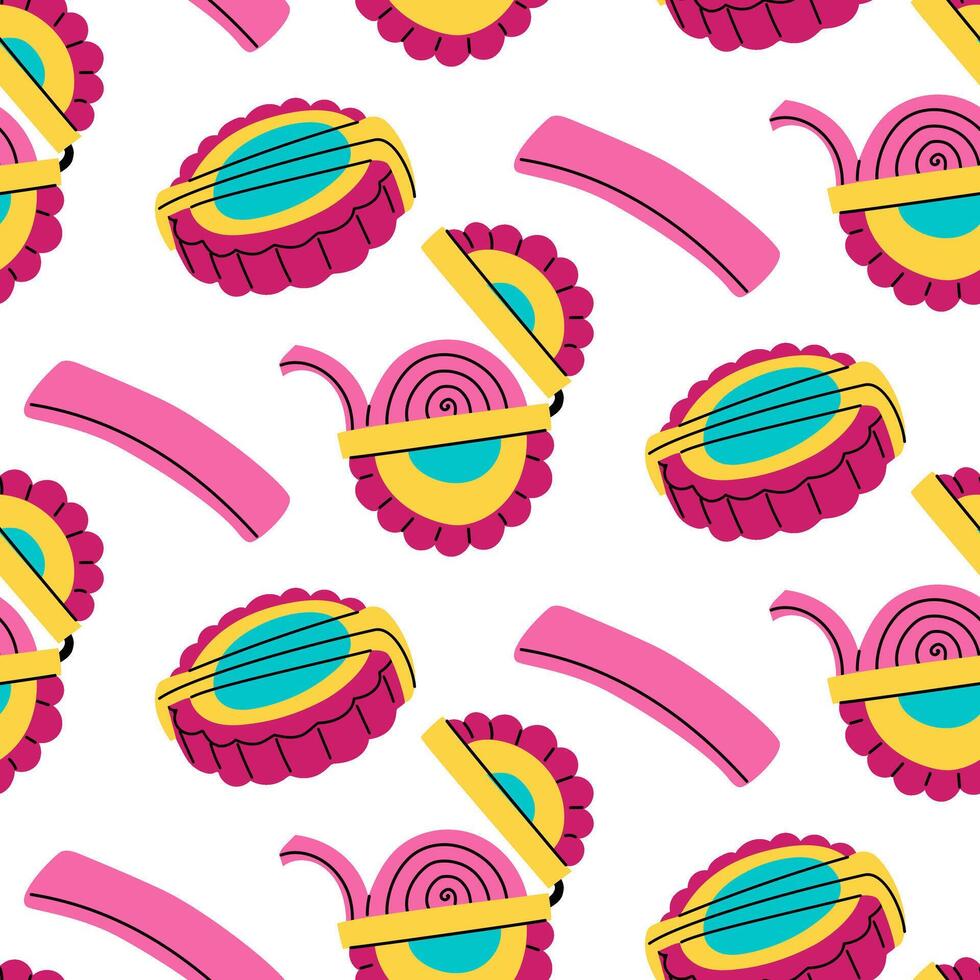 pattern of chewing gum in a roll. the package with long strip of chewable candies is open. Pink chewing gum with insulation. Bright flat colored texture in form of doodles. Chewing gum from 90s, 2000s vector