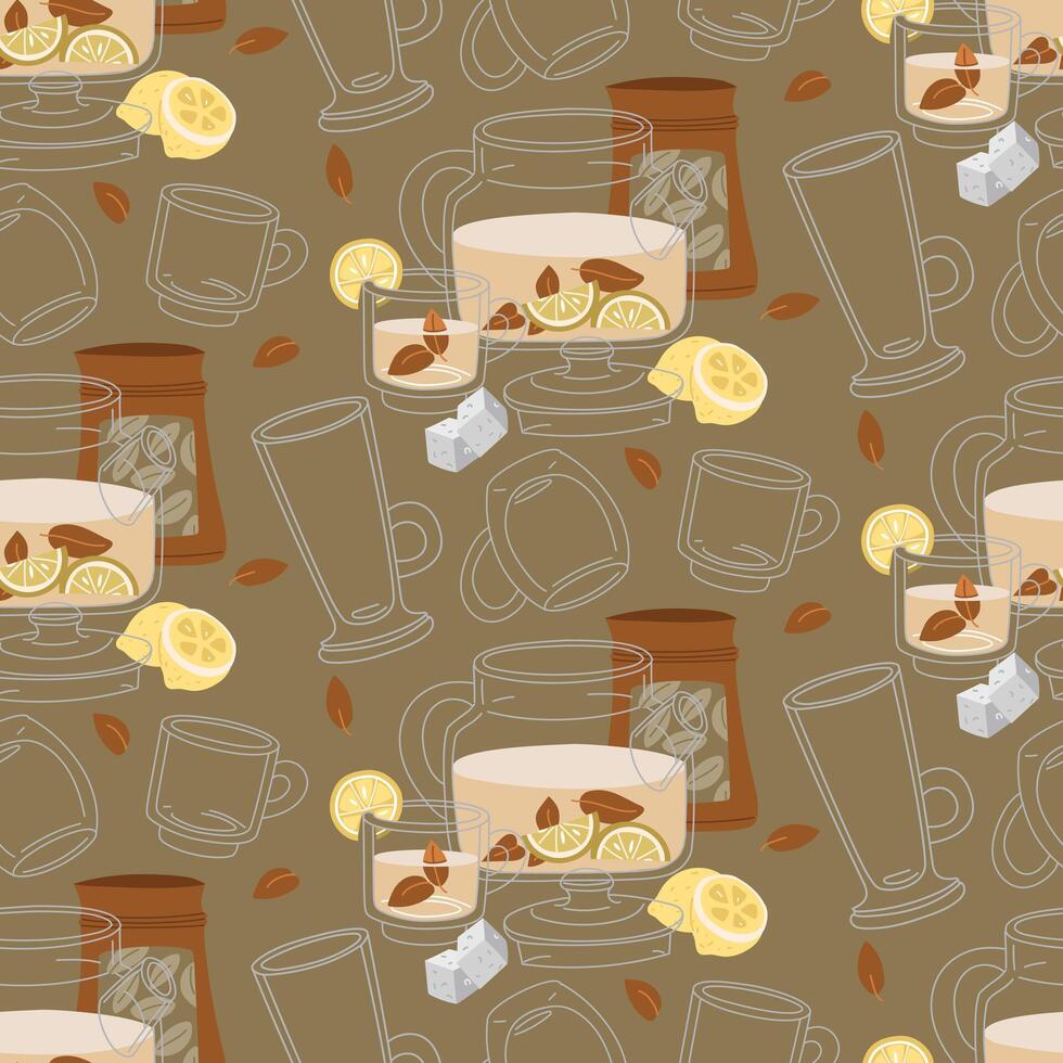 pattern with tea ceremony objects. It's time for a tea party. illustrations of a tea set with a teapot, mug, tea bags, lemon, sugar cubes. A texture for a cozy tea party. Dark shades vector