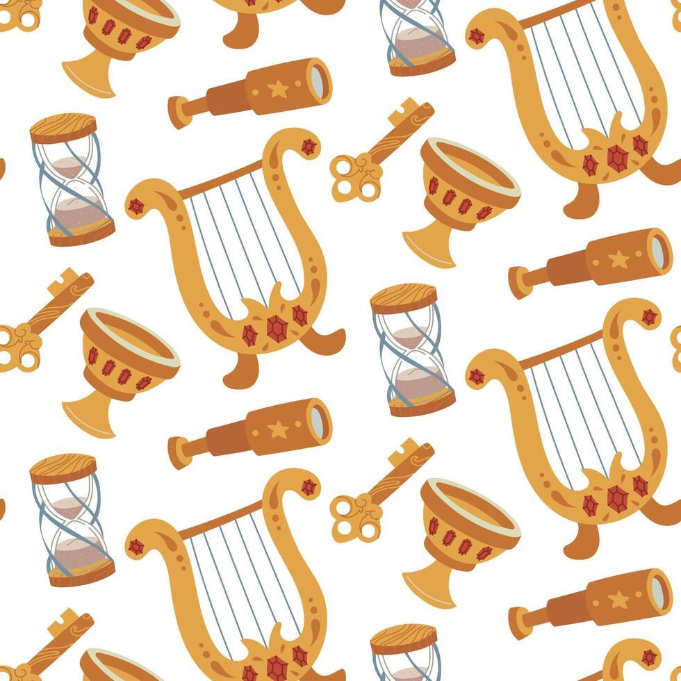 pattern of golden magic items. harp, clock, key, telescope in colored flat style. A texture for fantasy projects, books, games, and works of art related to magic, alchemy, and mystical rituals. vector