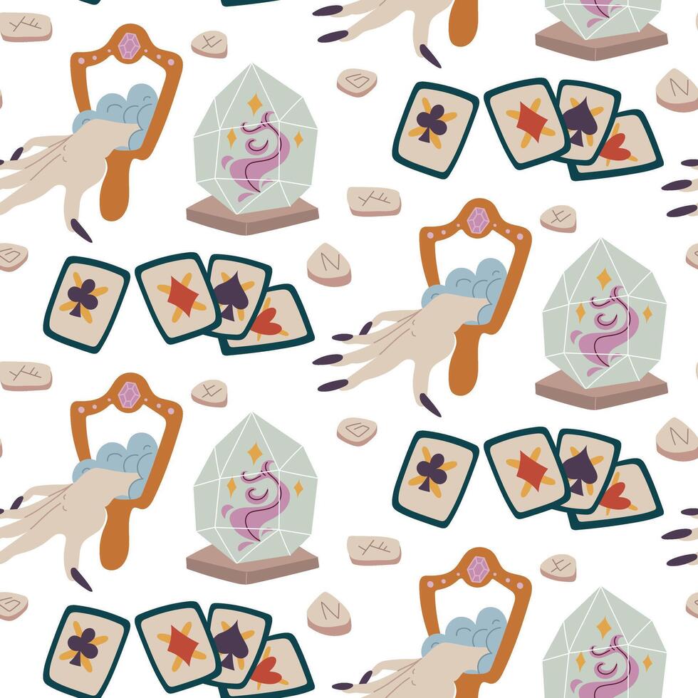 pattern of cards, runes, mirror with image of witch's hand, crystal in flat style. Color. Objects for divination in texture. Suitable fantasy projects, books, artwork related magic, mystical rituals vector