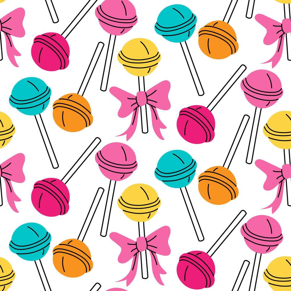 pattern is multicolored chupa chups, lollipops without packaging with bow. Texture of the flat color illustration depicts candies on sticks. Bright yellow, pink, blue. Sweets of the 90s, 2000s. Retro vector