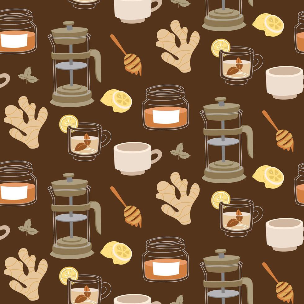 pattern in the theme of the tea ceremony. It's time for the tea party. Texture from a tea set with a teapot, mug, honey, lemon, ginger and sweets on a white background. Items for a cozy tea party vector