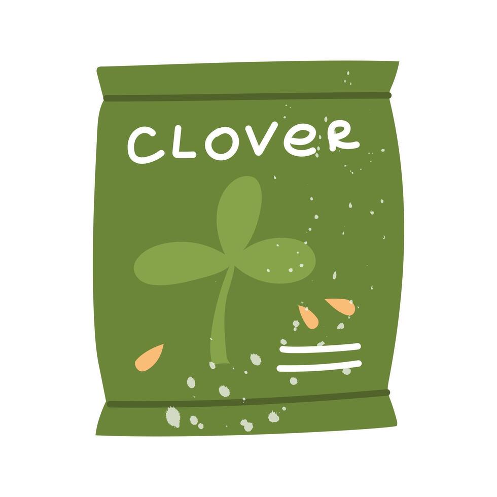 package of clover grass seeds. A flat doodle with a texture. It is suitable for packaging, posters, stickers, decoration of garden products, blogs and flower shops. Spring, planting in the soil vector