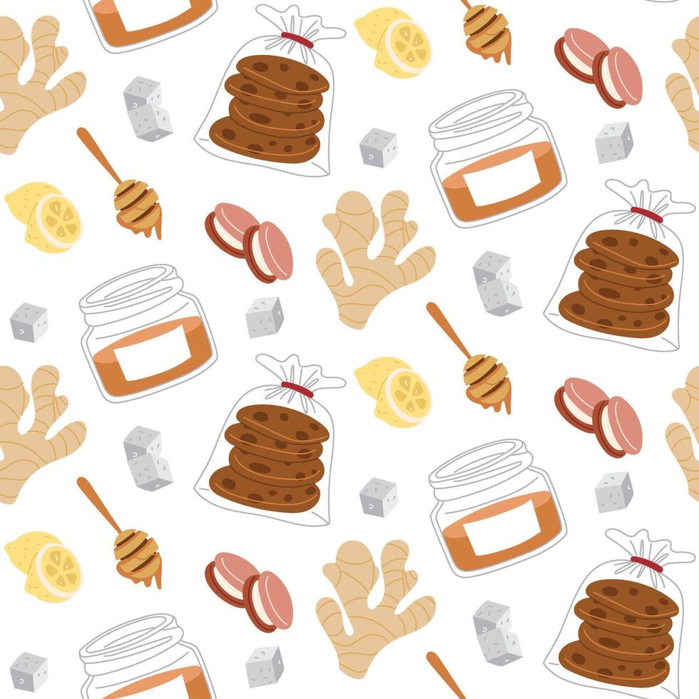 pattern of sweets for the tea ceremony. It's time for the tea party. illustrations with honey, lemon, ginger, cookies and sweets on a white background. A texture for a cozy tea party vector