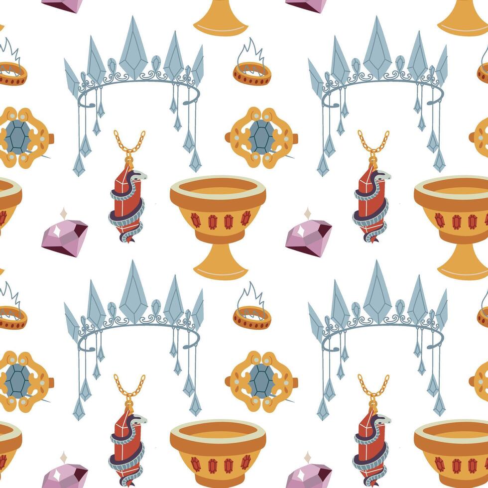 pattern of colored magic tools. snake on crystal, ring, crown and brooch, cup. Flat drawing. A texture for fantasy projects, books, games, and artwork related to magic, alchemy, and mystical rituals. vector