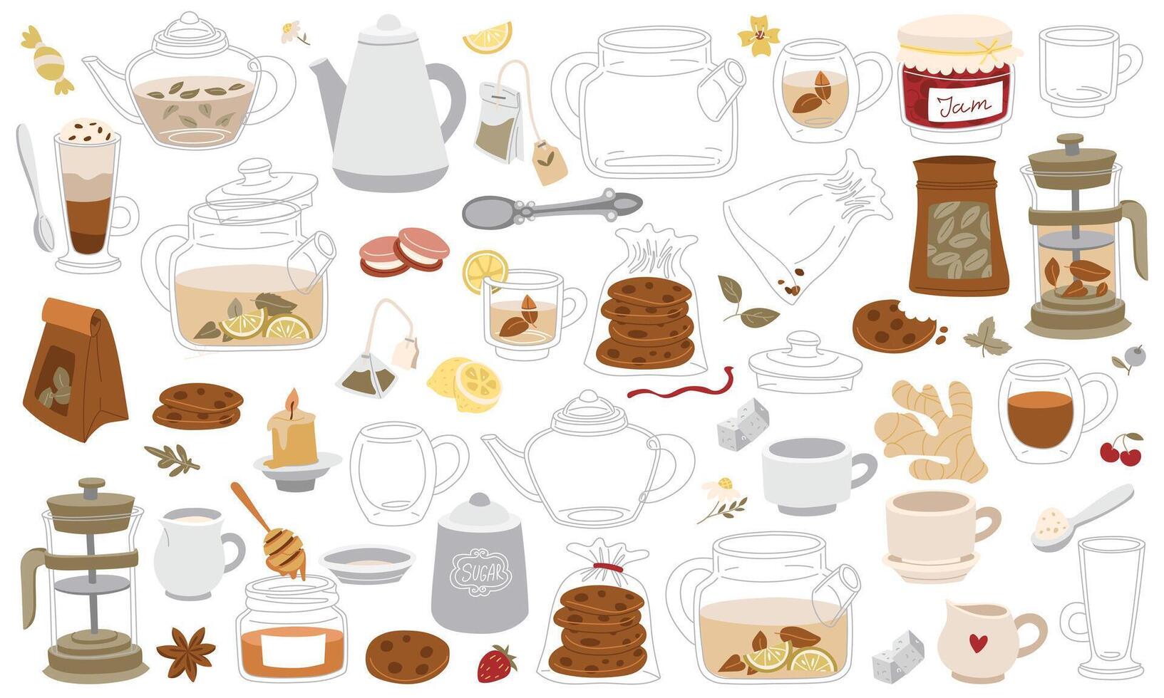 tea set pattern is colored in style flat doodle with mugs, teapots, cookies, lemon, ginger and sugar. Ideal for use in tea packaging design, kitchen accessories, cafes, culinary blogs, restaurants vector