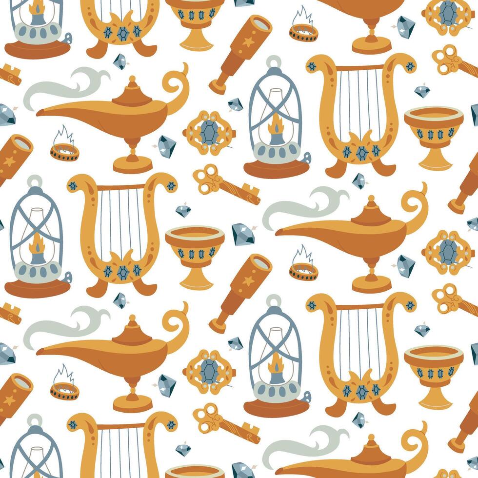 pattern of magical items. harp, lamp, key, telescope, hair clip, ring in colored flat design. Suitable for textures of fantasy projects, books, games, works of art related to magic, mystical rituals. vector