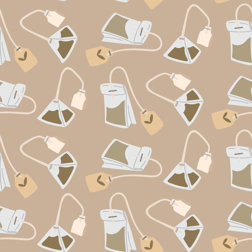 pattern is flat tea bags and pyramids. Green, black, triangular, rectangular tea bags for brewing. a bag with a label. The texture. For hot drinks that can be brewed with water. Color illustration vector