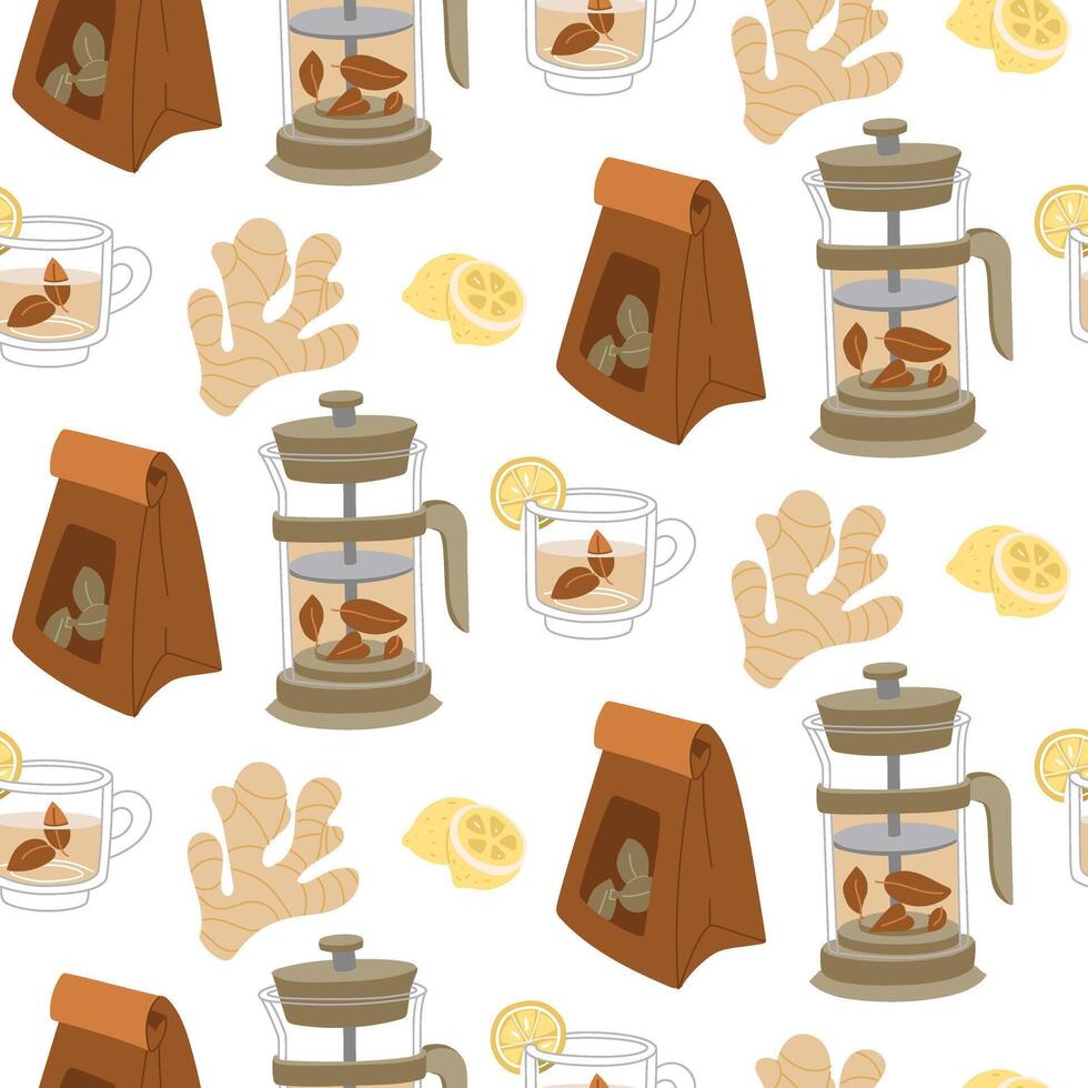 pattern with objects on the theme of the tea ceremony. It's time for a tea party. Tea set with teapot, mug, package of loose tea, lemon, ginger root on a white background. texture for a cozy tea party vector