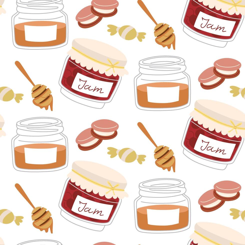 pattern of sweets for a tea party. Lollipops, candies, cookies, pasta, jam, honey. Individual tea party items on a white background. Different types of drawings of sweet objects in texture vector