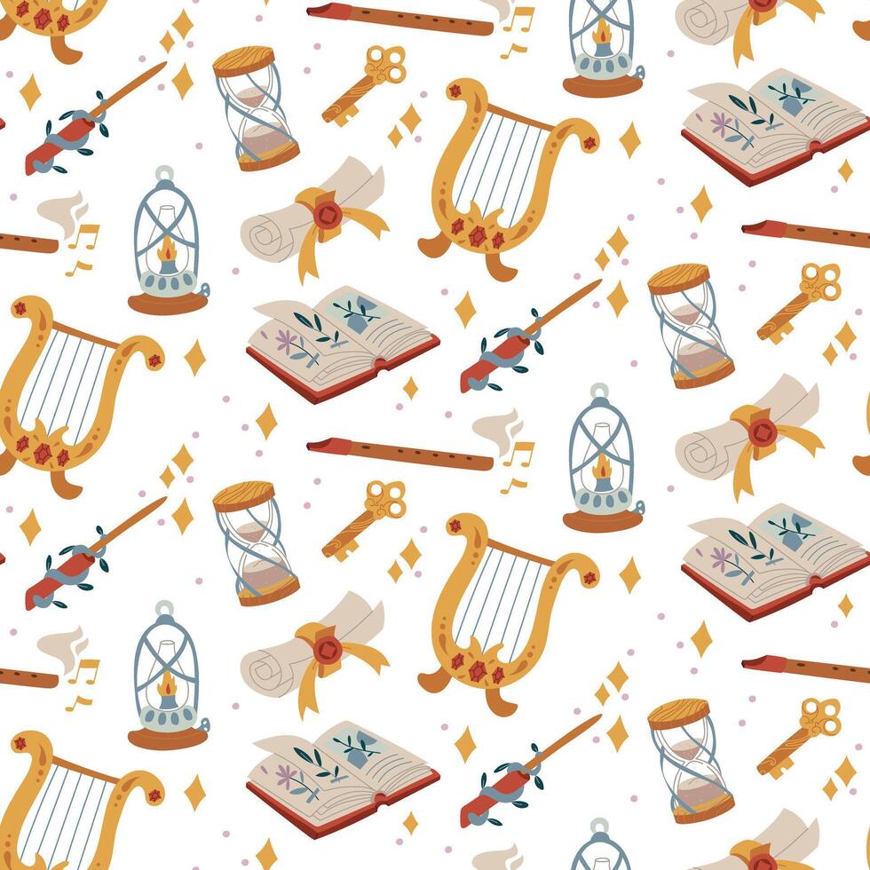 pattern is magically colored. harp, lamp, clock, key, cane in flat style. Painted. A texture for fantasy projects, books, games, and works of art related to magic, alchemy, and mystical rituals. vector