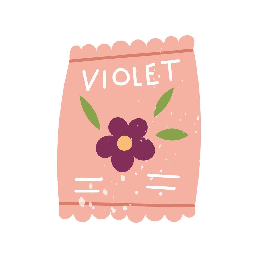 package with violet flower seeds. A flat doodle with a texture. It is suitable for packaging, posters, stickers, decoration of garden products, blogs and flower shops. Spring, planting in the soil vector