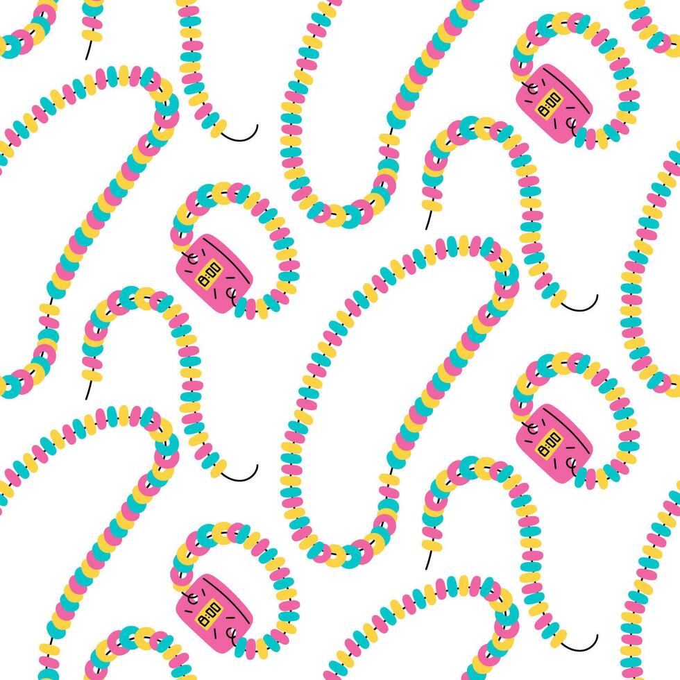 pattern of bracelets and beads made of candy from the 90s. Flat color texture. Wristwatches made of candy from the 2000s. Sugar pills. Sweet candies. Seamless on white. sweet and tender vector