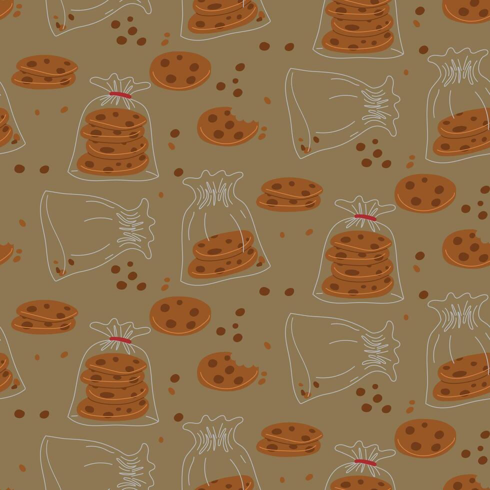 pattern with cookies in packages. Oatmeal cookies with chocolate chips in various versions in a transparent sealed package. Sweets for tea. Flat illustration with food in texture vector