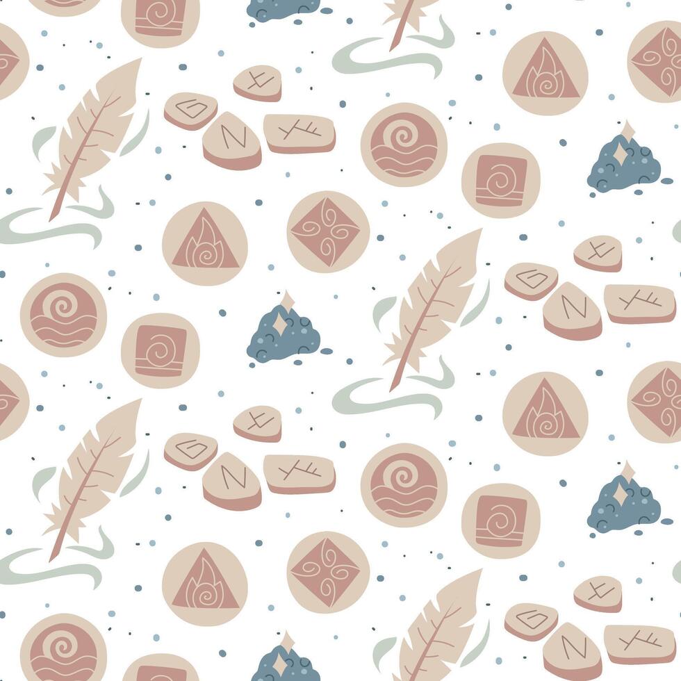 pattern of magical fountain pens and elemental stones, runes. Colored flat. texture for projects related fantasy, magic, literature. Suitable for decorating books, writing magic stories and creating vector