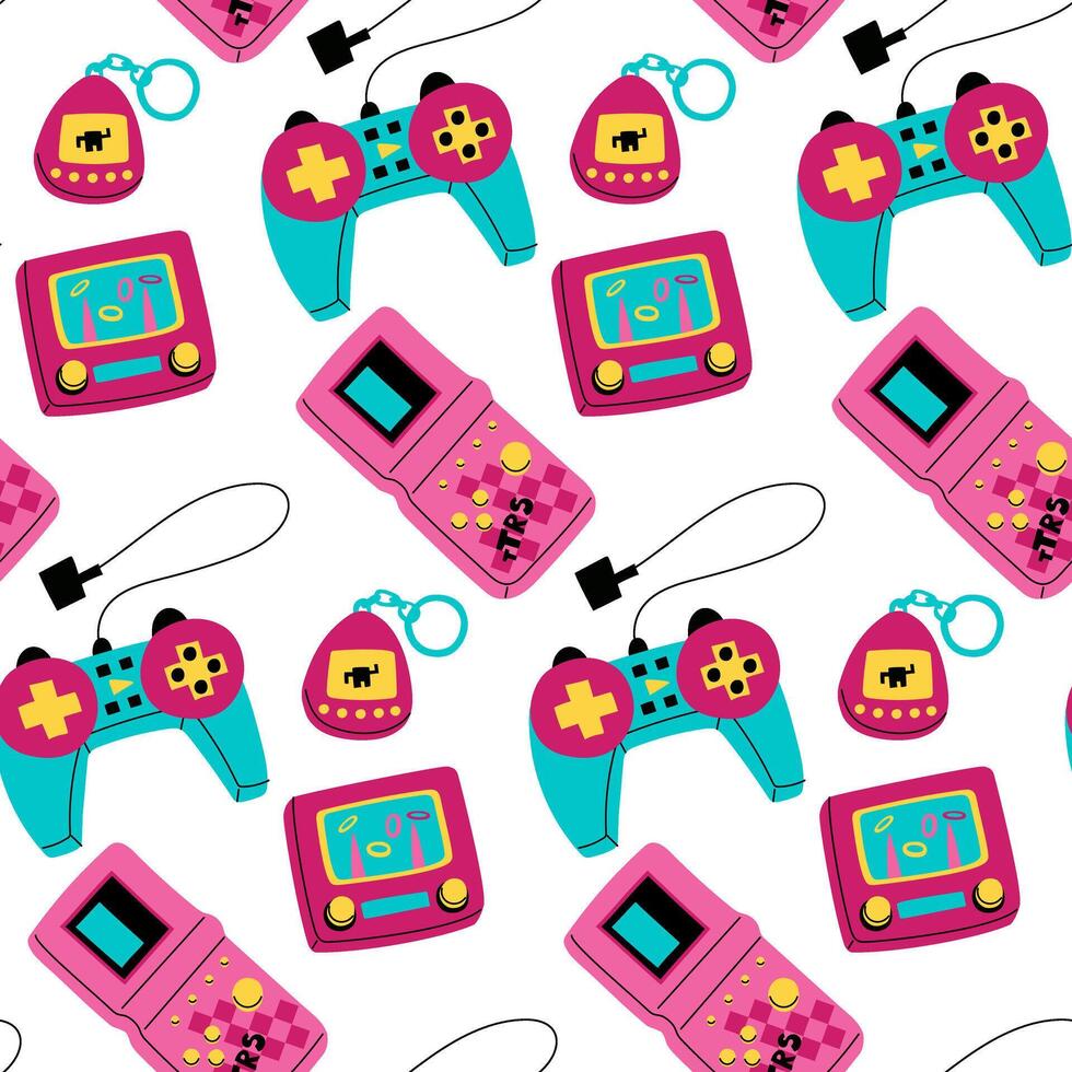 pattern of game items from the 90s. A digital gadget, a joystick in the retro style of the 90s, a water game, tamagotchi. flat illustration, Seamless texture. Retro-style game item vector