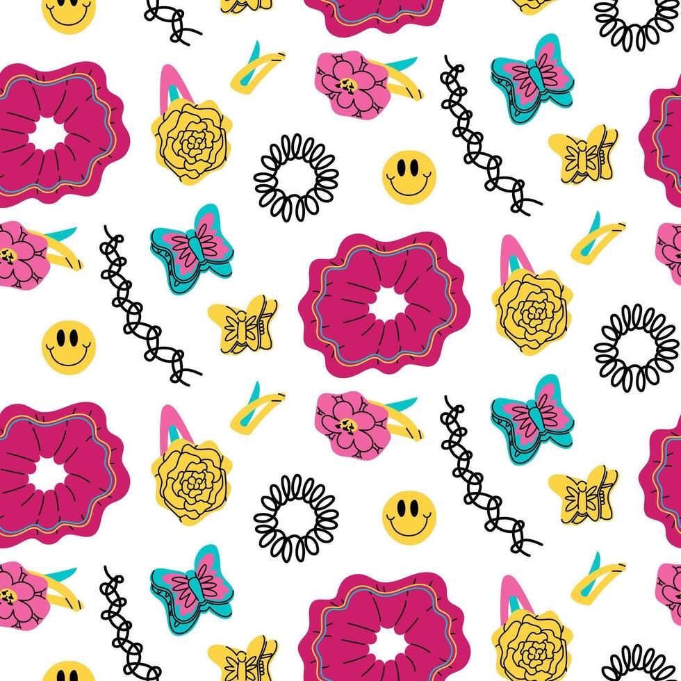 pattern of hairpins and elastic bands from the 90s. Flat colored texture with doodle elements. Hair accessories, hairdressing accessories. Items of colored elastic bands for fabric. bright vector