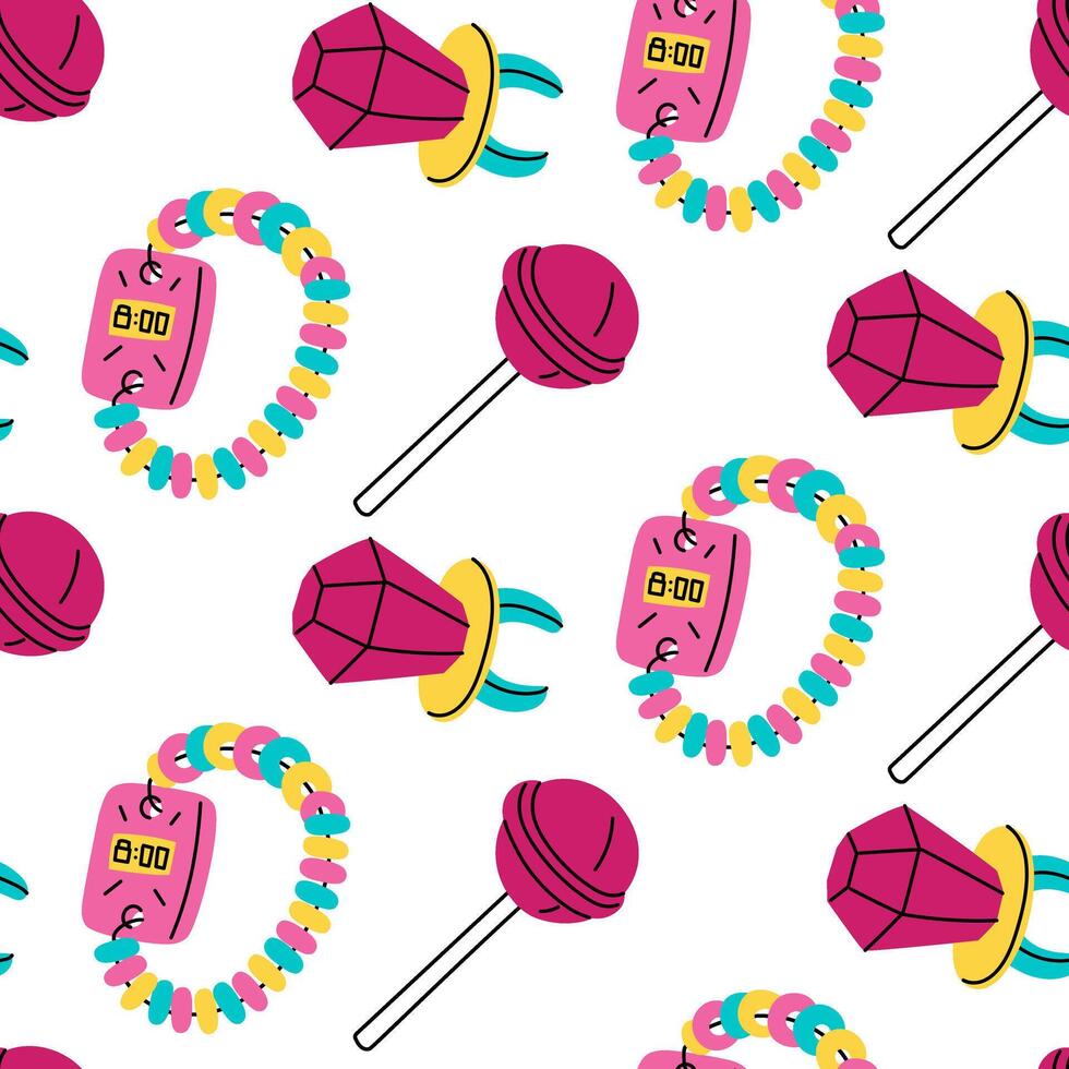 pattern of lollipop bracelets, an icicle and a ring from the 90s. Sweet flat color illustration. Lollipops from the 2000s. Sweet candies. Seamless texture of sweet delicate colors vector