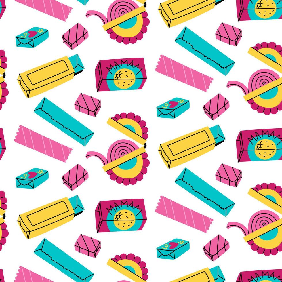 pattern of various chewing gums. Stripes, cubes, spirals. Lots of details. Bright flat color illustration in the form of doodles. Seamless texture. Chewing gum from the 90s, 2000s vector