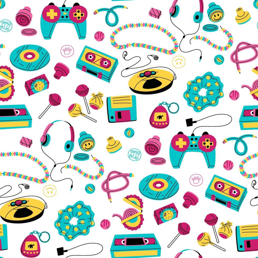 pattern of elements in the retro style of the 90s. Colored flat texture. Player, games, pencil, jewelry, food, drinks, discs, cassettes, videos. Products for children. Y2K, 2000s, retro vector
