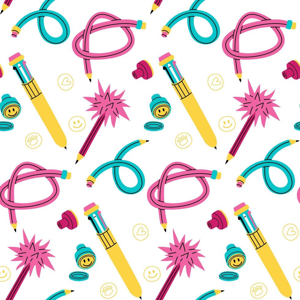 pattern of education subjects of 2000s. flexible pencil, pile pencil, pen with multicolored ink, three-dimensional stamp. Flat color texture. nostalgic stationery item. childhood, school, creativity vector