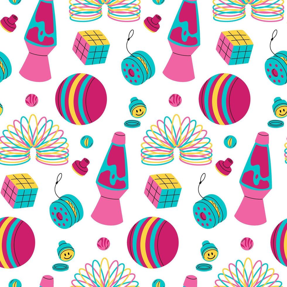 pattern of toys from the 90s and 2000s. Flat color illustration in the form of doodles. variety of items. Cube, yo-yo, drops, ball, glass ball, stamp, rainbow. A children's toy from the 90s. Seamless vector