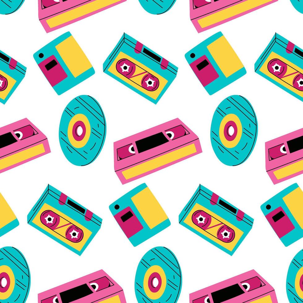 pattern for storing audio data from the 90s, 2000s. Flat color texture. In pop-retro style for greeting cards or posters, for printing on clothes. Fashion and style, clothing, accessories vector
