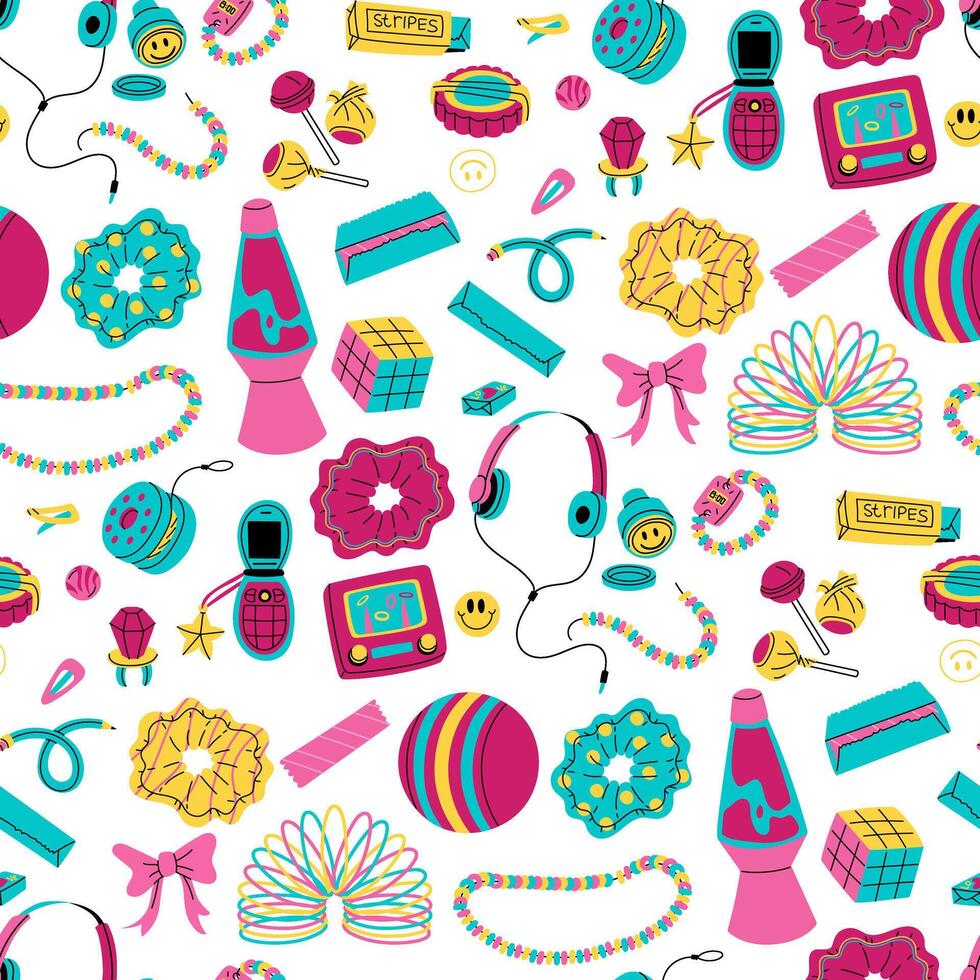 pattern of elements in the retro style of the 90s. Colored flat texture. games, pencil, jewelry, food, drinks, discs, cassettes, videos. Products for children. Y2K, 2000s, retro elements of the 90s vector