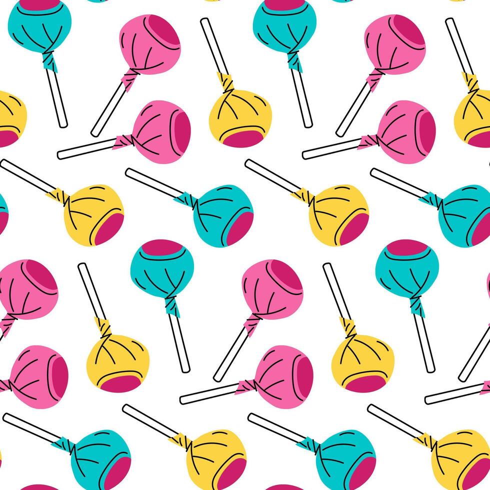 pattern is multicolored chupa chups, lollipops in a package. Texture of the flat color illustration depicts candies on sticks. Private. Bright yellow, pink, blue. Sweets of the 90s, 2000s. Retro vector