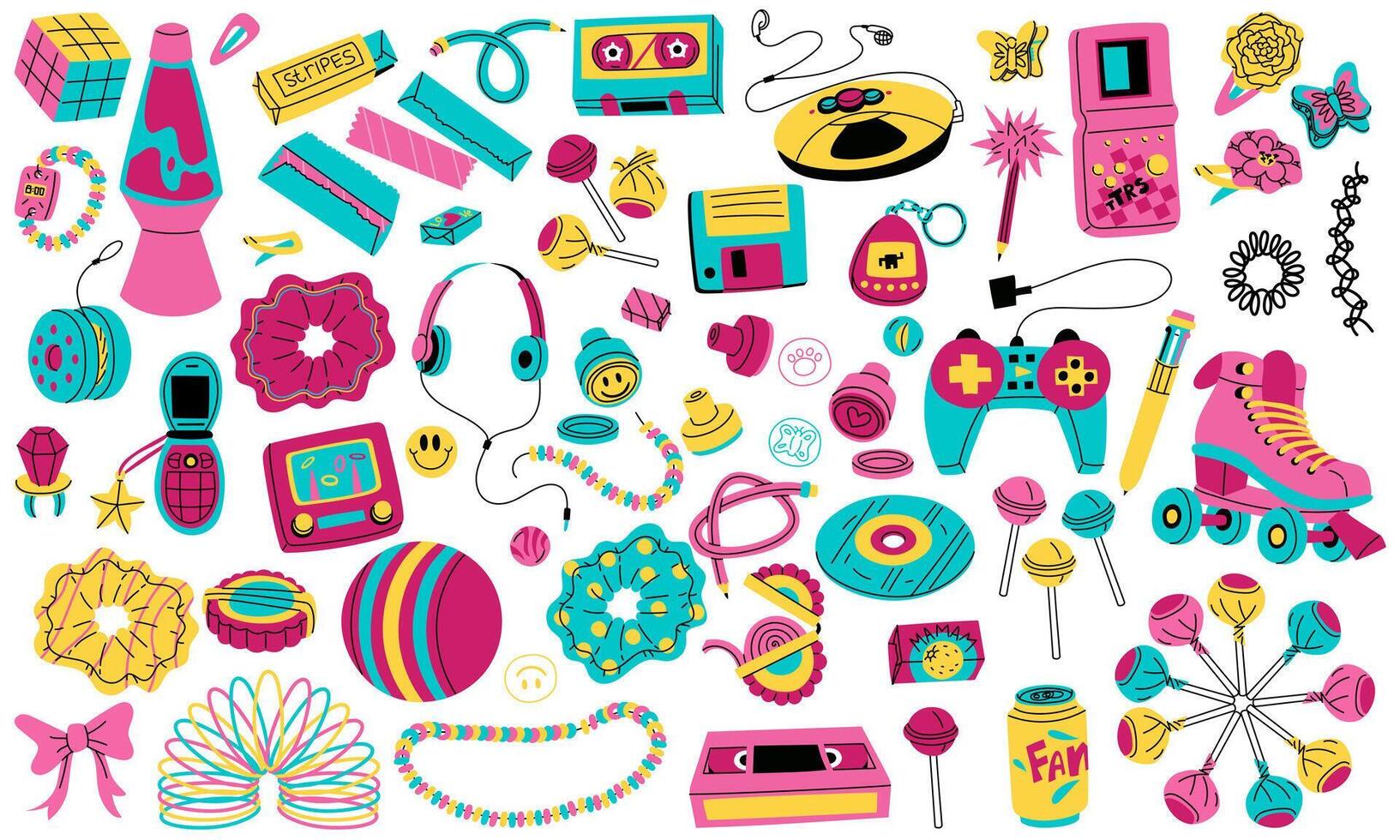 set of elements in the retro style of the 90s. color flat illustration. The concept of the 90s. Player, games, pencil, jewelry, food, drinks, discs, cassettes. Y2K, 2000s, of retro elements from 90s vector