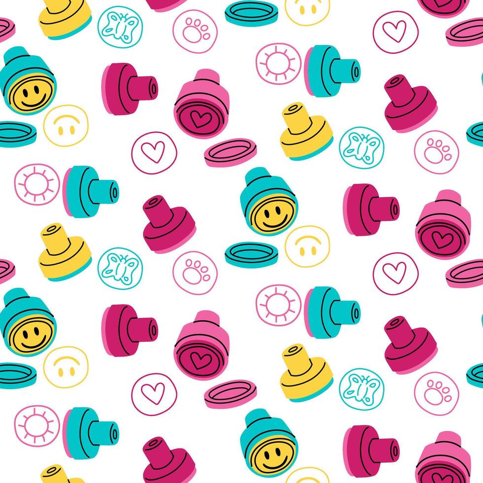 pattern of stamps with drawings on body of children from 90s and 2000s. Flat colored texture in the form of doodles. variety of body patterns. Children's colorful stamps. bright stamps with drawings vector
