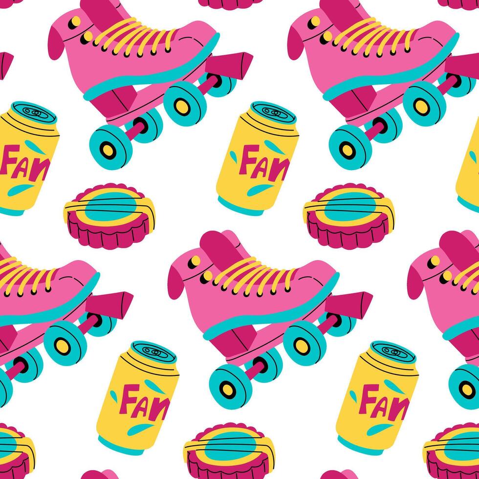 pattern of roller skates, chewing gum, retro-style carbonated drink. variety of flat color elements of the 90s, active lifestyle, summer mood, teen fashion and urban culture. flat texture of the 00s vector