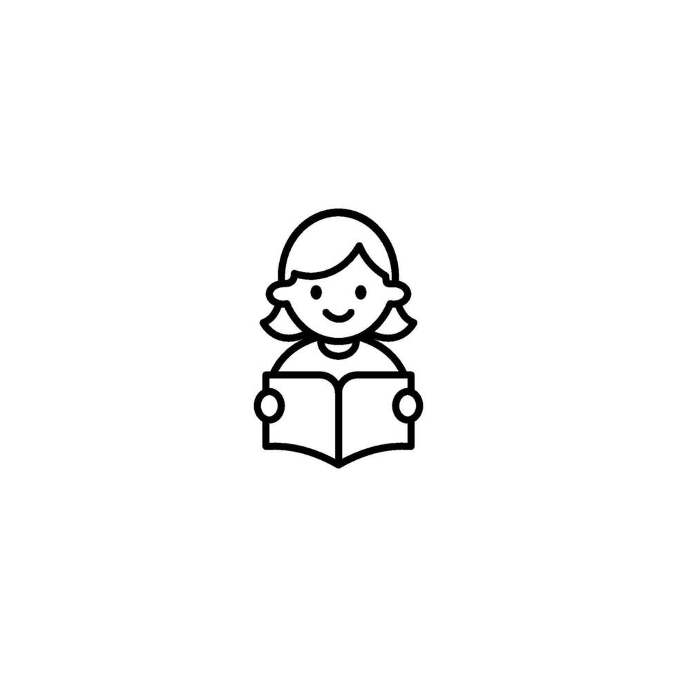 Outline minimalist Icon of Cute Girl Reading a Book Flat Design for Education and Kids Content vector