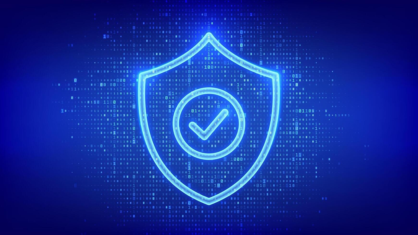 Security shield. Cyber security. Protection shield with Check mark icon made with binary code. Cyber data protection. Information privacy. Digital code background with digits 1.0. illustration. vector
