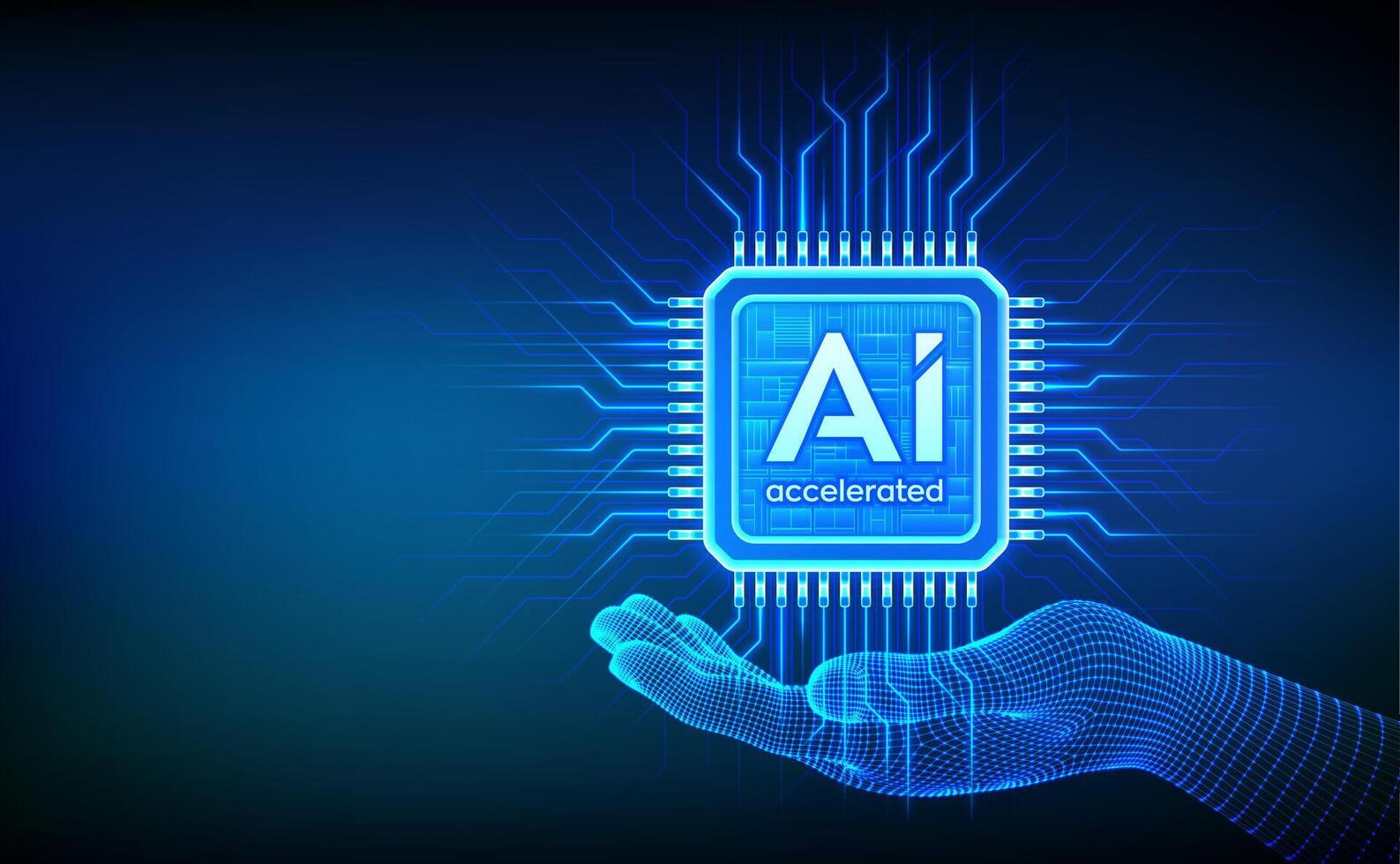 AI chip with the inscription AI Accelerated in wireframe hand. CPU microchip. Concept of artificial intelligence technology. AI accelerated processor chip. Machine learning. vector