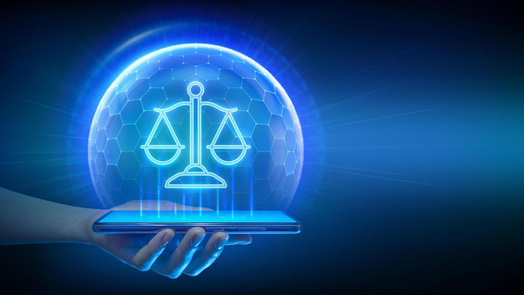 Legal advice via a smartphone app. Attorney at law. Justice icon inside transparent protection sphere shield with hexagon pattern. Internet law as digital online legal services. vector