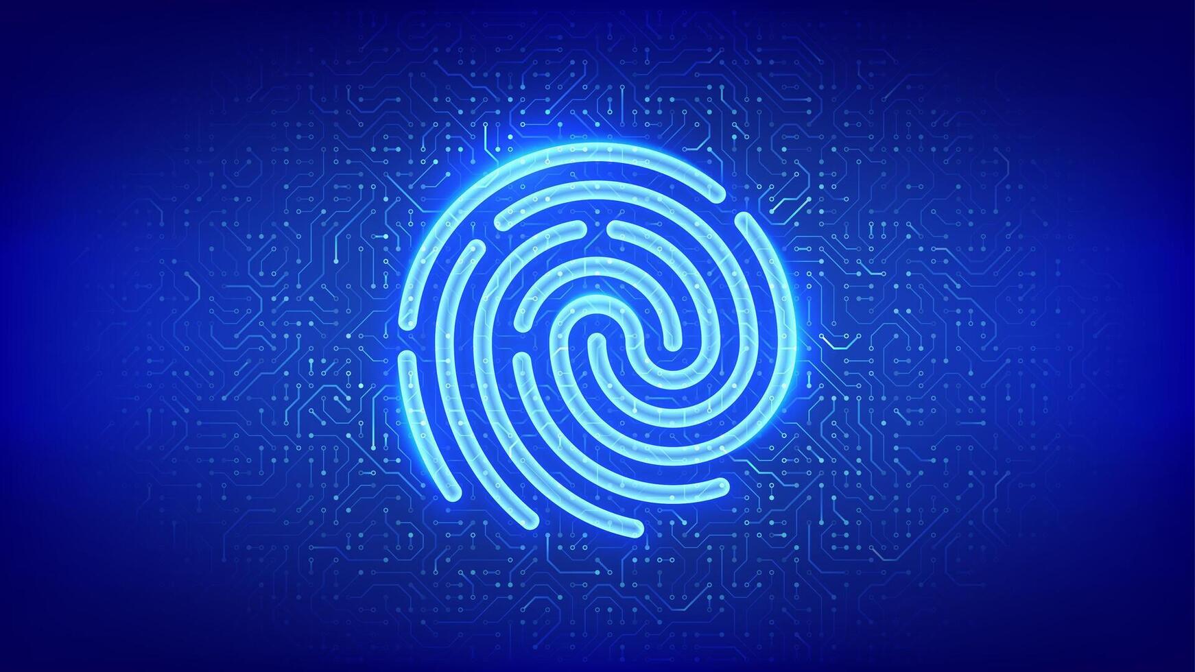 Personal data protection. Biometrics identification. Cyber security. Password control. Private secure safety. Fingerprint icon on circuit board pattern background. PCB printed circuit texture. vector